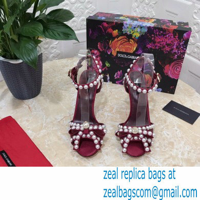 Dolce  &  Gabbana Heel 10.5cm Satin Sandals Burgundy with Pearl Application 2021